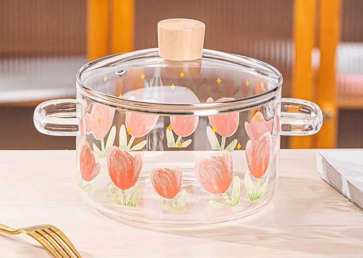 Tulip Glass Cooking Pot with Wooden Lid (1.5L)