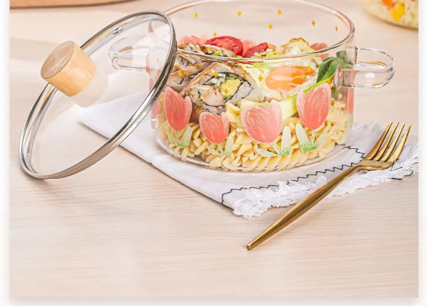 Tulip Glass Cooking Pot with Wooden Lid (1.5L)