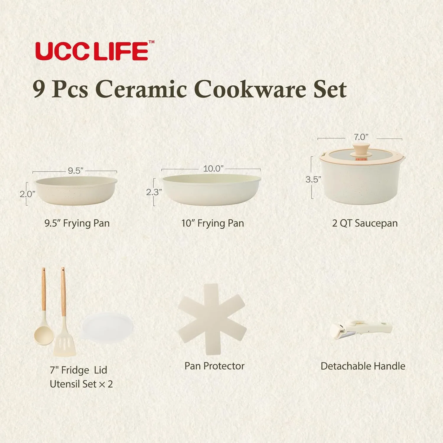 UCClife 9-Piece Nonstick Ceramic Cookware Set - PFOA/PTFE Free Non-Toxic Pots & Pans, Detachable Handles, Oven & Dishwasher Safe, Scratch Resistant