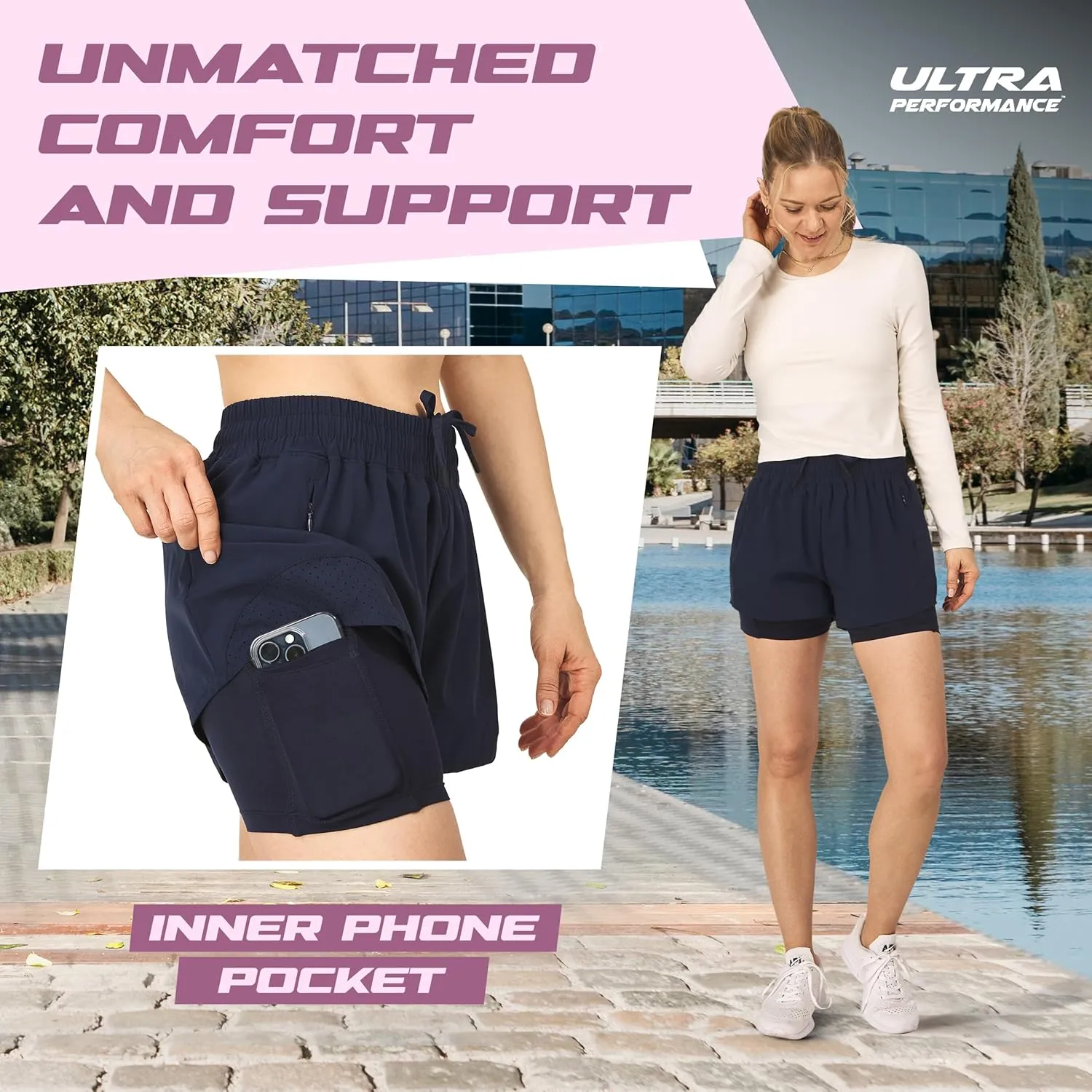 Ultra Performance Gym Shorts Women Pack of 2, Nylon Compression Workout Shorts Women with Liner