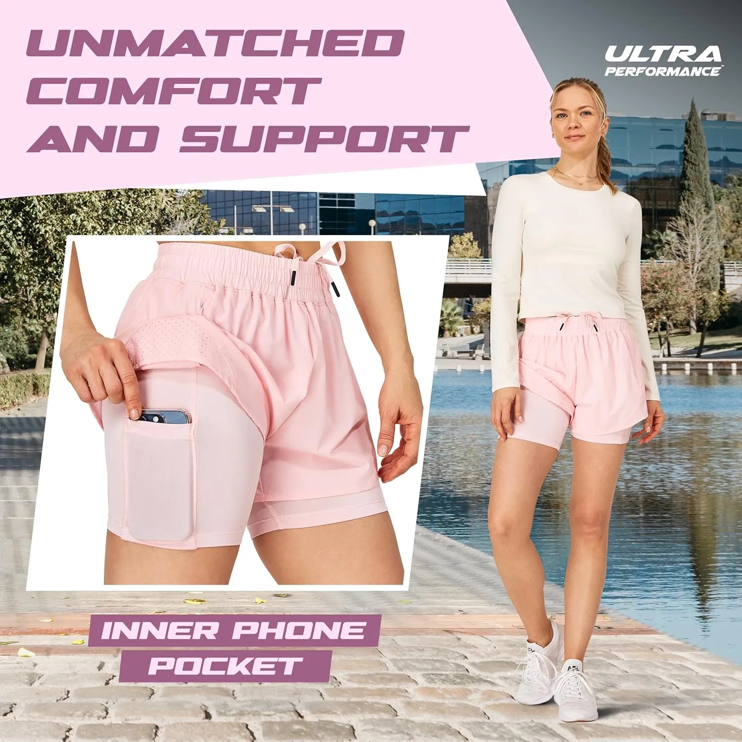 Ultra Performance Gym Shorts Women Pack of 2, Nylon Compression Workout Shorts Women with Liner