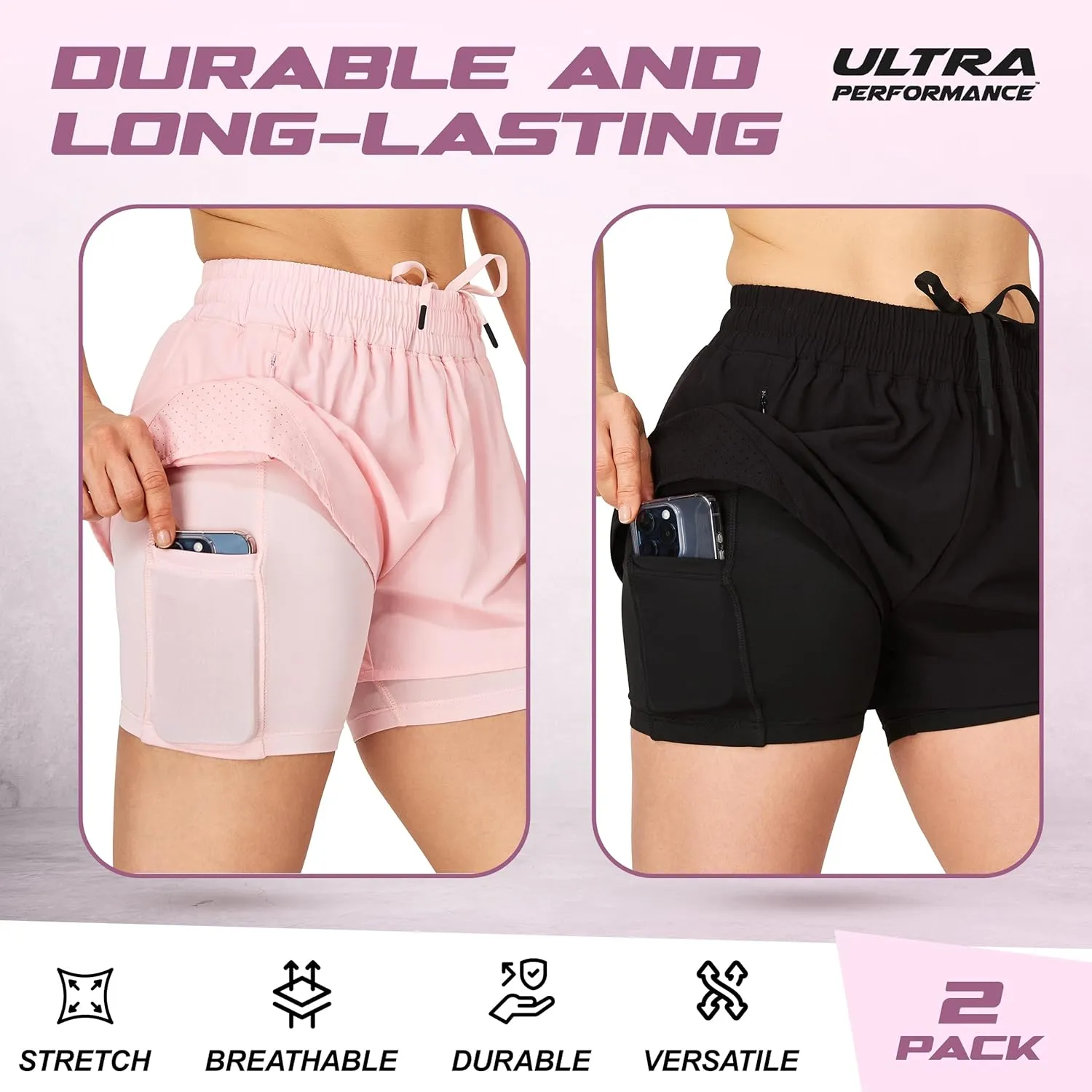 Ultra Performance Gym Shorts Women Pack of 2, Nylon Compression Workout Shorts Women with Liner