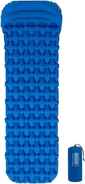 Ultralight Inflatable Cushion Outdoor Tent Sleeping Pad Portable Camping Single Air Mattress Bed Moistureproof Mat (Color : with Pillow Blue, Size : A)