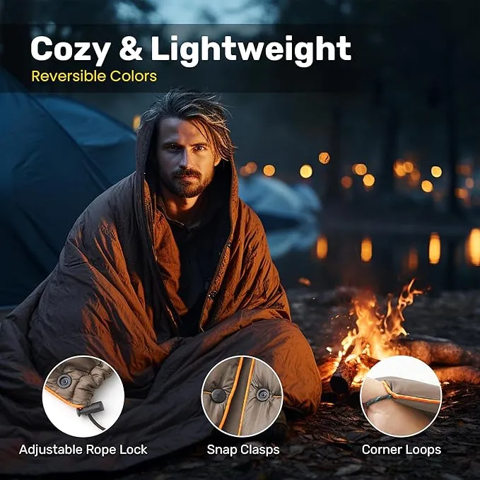 UNIKOME Outdoor Packable Camping Blanket, Lightweight Travel Blanket for Camping, Dual-Sides Puffy Down Alternative Camping Blanket with Snap Clasps, 75"×52", Brown