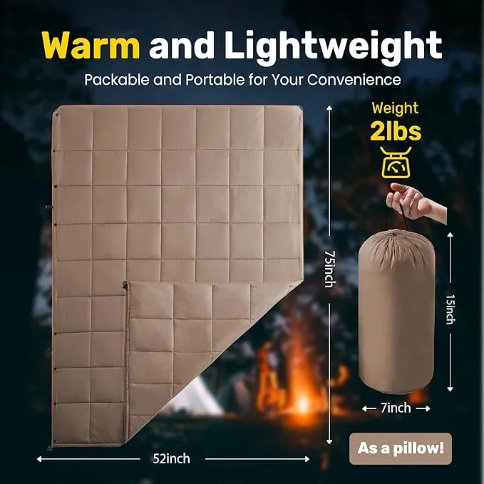 UNIKOME Outdoor Packable Camping Blanket, Lightweight Travel Blanket for Camping, Dual-Sides Puffy Down Alternative Camping Blanket with Snap Clasps, 75"×52", Brown