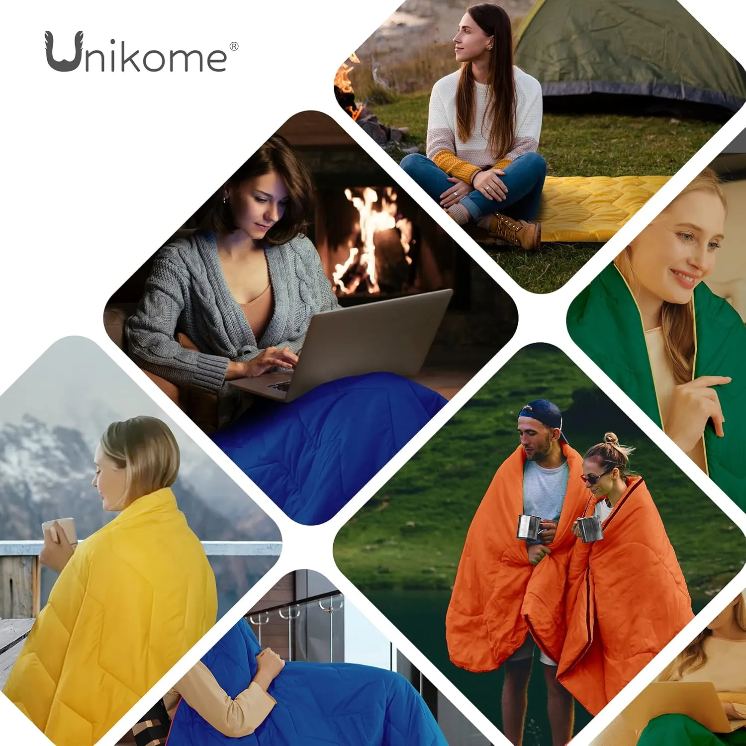 UNIKOME Outdoor Packable Travel Blanket, Lightweight Waterproof Puffy Down Alternative Camping Blanket With Corner Loops, 75'x52', Blue