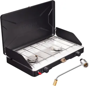 VANSTON 2-Burner Propane Camping Stove, 20,000 Total BTUs Portable Gas Camping Grill, Stovetop with Adjustable Burners, Wind Guards, Heavy-Duty Latch, Built-in Carrying Handle, Pressure regulator