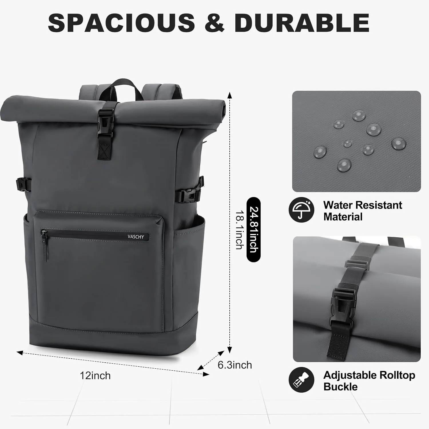 VASCHY Roll Top Travel Backpack for Men, Water Resistant Expandable Large Carry-on Casual Daypack for Work Business Hiking College Gray