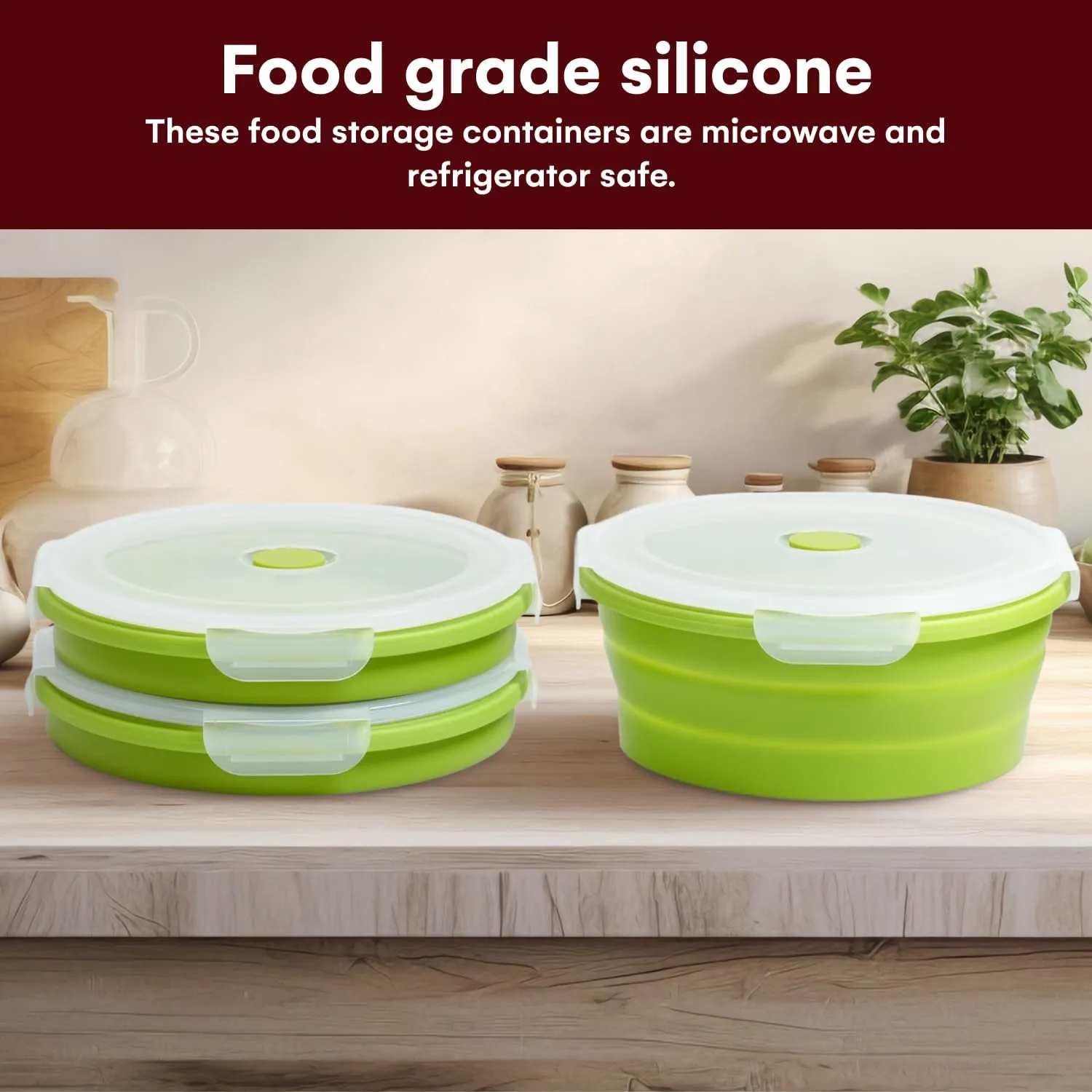 Vdomus Collapsible Food Storage Containers - Leak Proof, Microwave Safe - 40.5oz/1.2L Airtight Silicone Food Containers - Meal Prep Collapsible Bowls with Lids - Set of 3 - Green