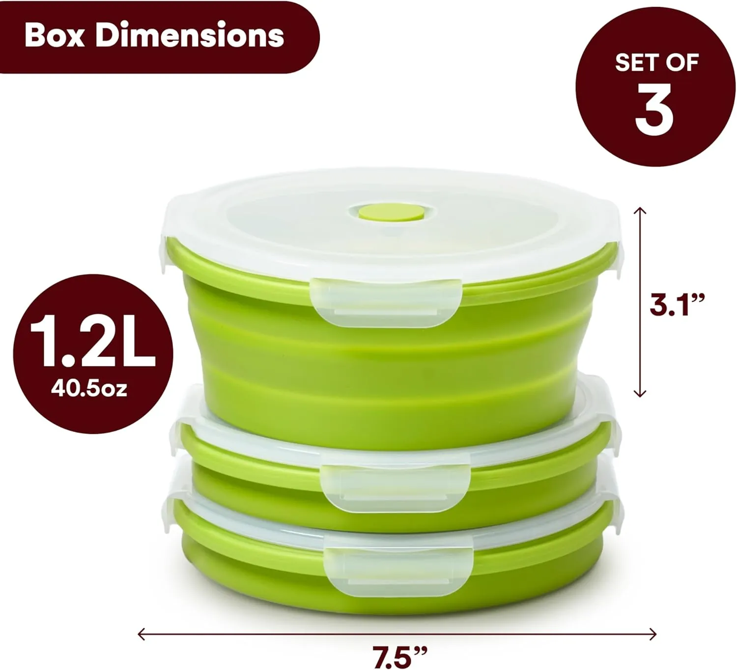 Vdomus Collapsible Food Storage Containers - Leak Proof, Microwave Safe - 40.5oz/1.2L Airtight Silicone Food Containers - Meal Prep Collapsible Bowls with Lids - Set of 3 - Green