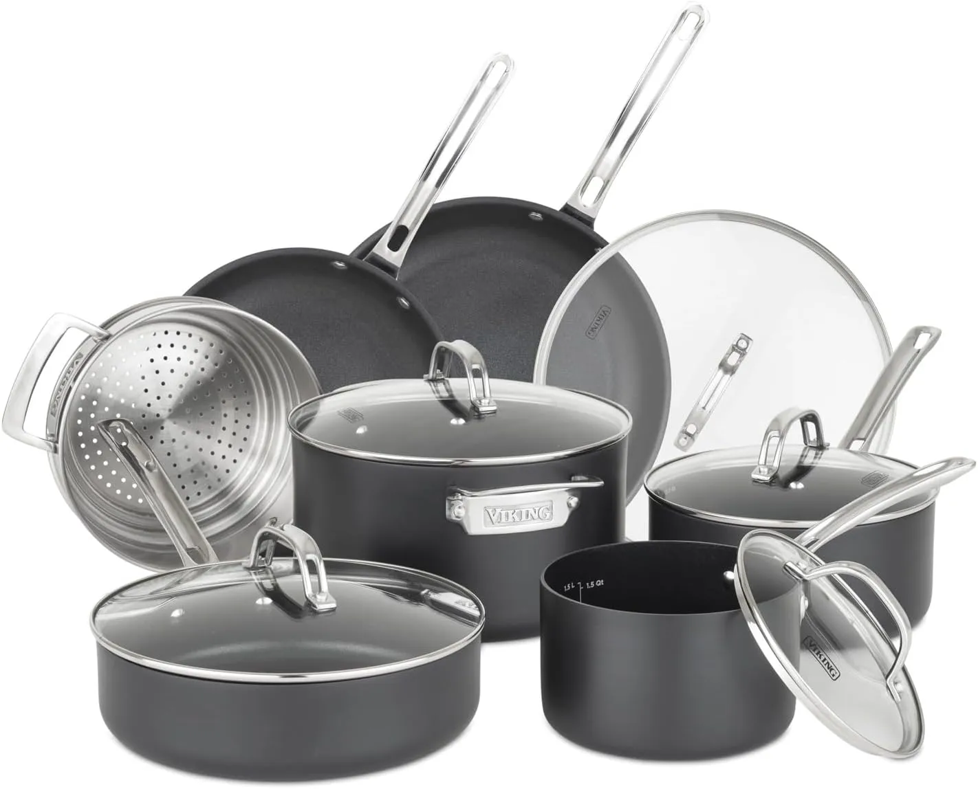 Viking Pots and Pans Set Non Stick, 12 Piece Hard Anodized Kitchen Cookware with Glass Lids, Black