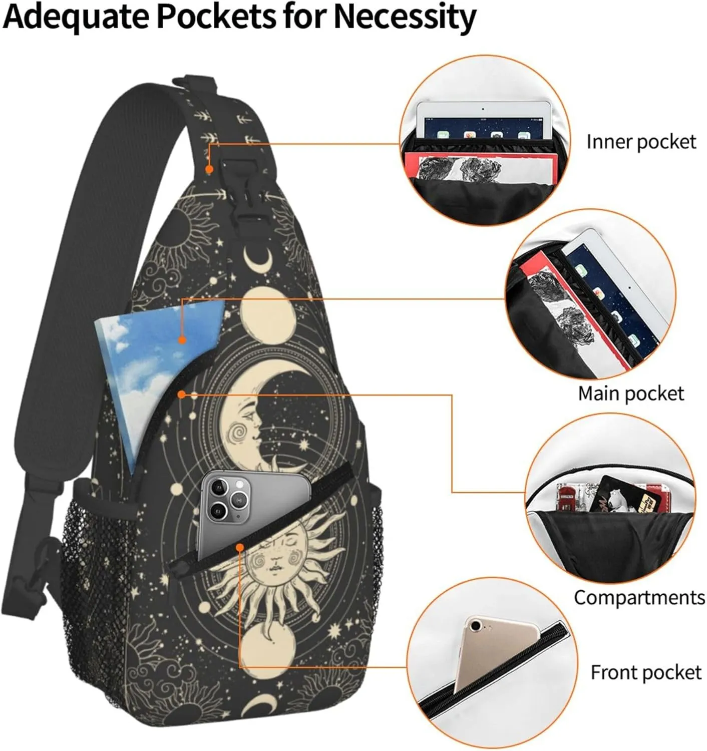 Vintage Sun Moon Stars Small Crossbody Backpack Sling Bag for Men Women Mini One Shoulder Chest Bags Gym Sport Travel Hiking Daypack