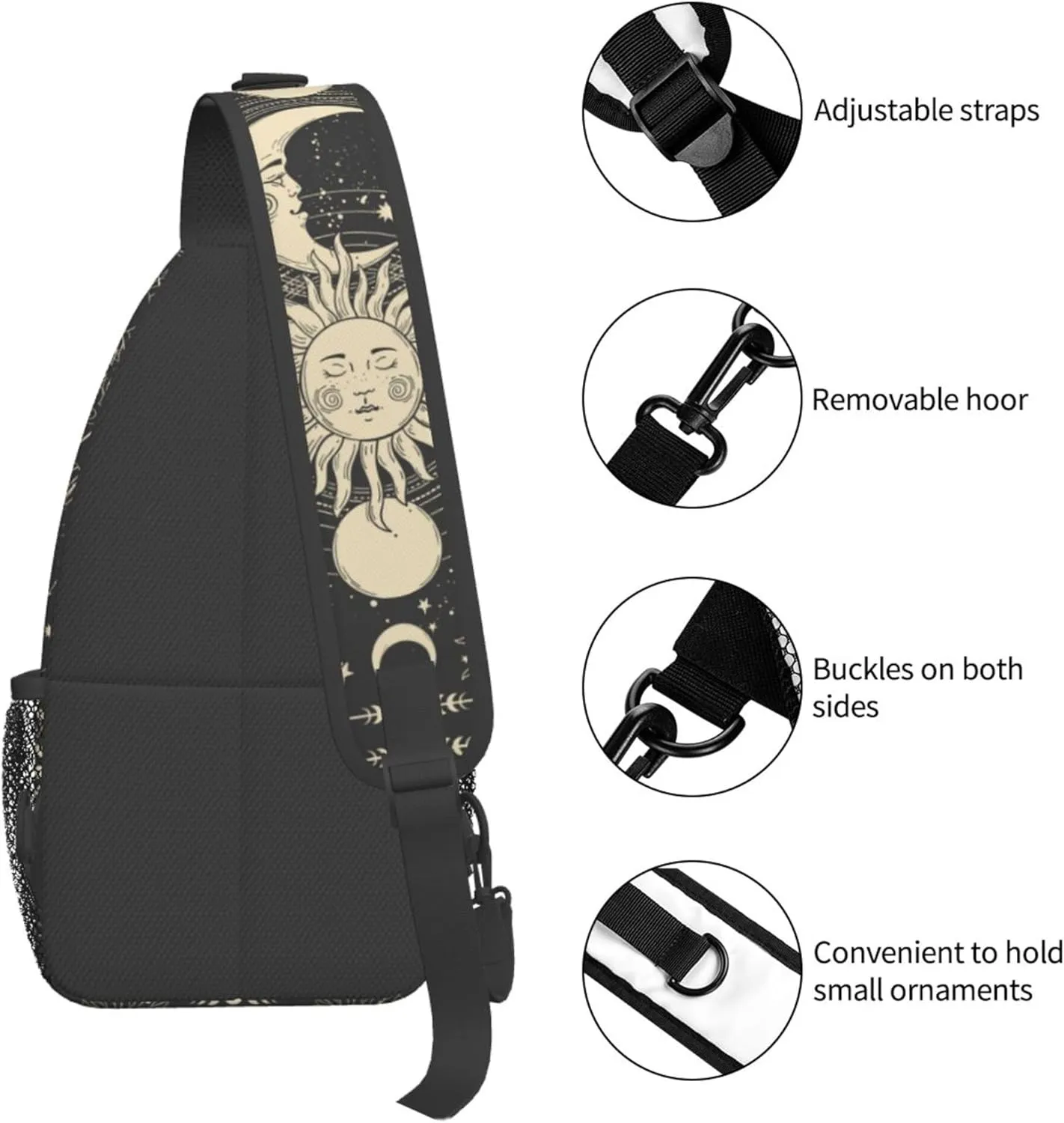 Vintage Sun Moon Stars Small Crossbody Backpack Sling Bag for Men Women Mini One Shoulder Chest Bags Gym Sport Travel Hiking Daypack
