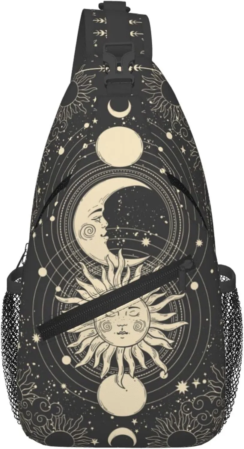 Vintage Sun Moon Stars Small Crossbody Backpack Sling Bag for Men Women Mini One Shoulder Chest Bags Gym Sport Travel Hiking Daypack