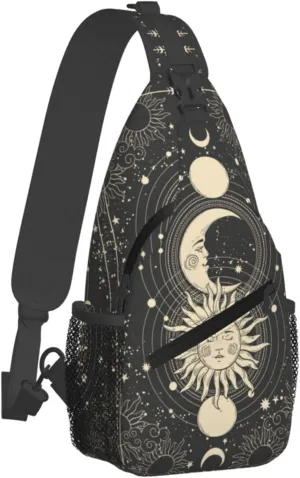 Vintage Sun Moon Stars Small Crossbody Backpack Sling Bag for Men Women Mini One Shoulder Chest Bags Gym Sport Travel Hiking Daypack