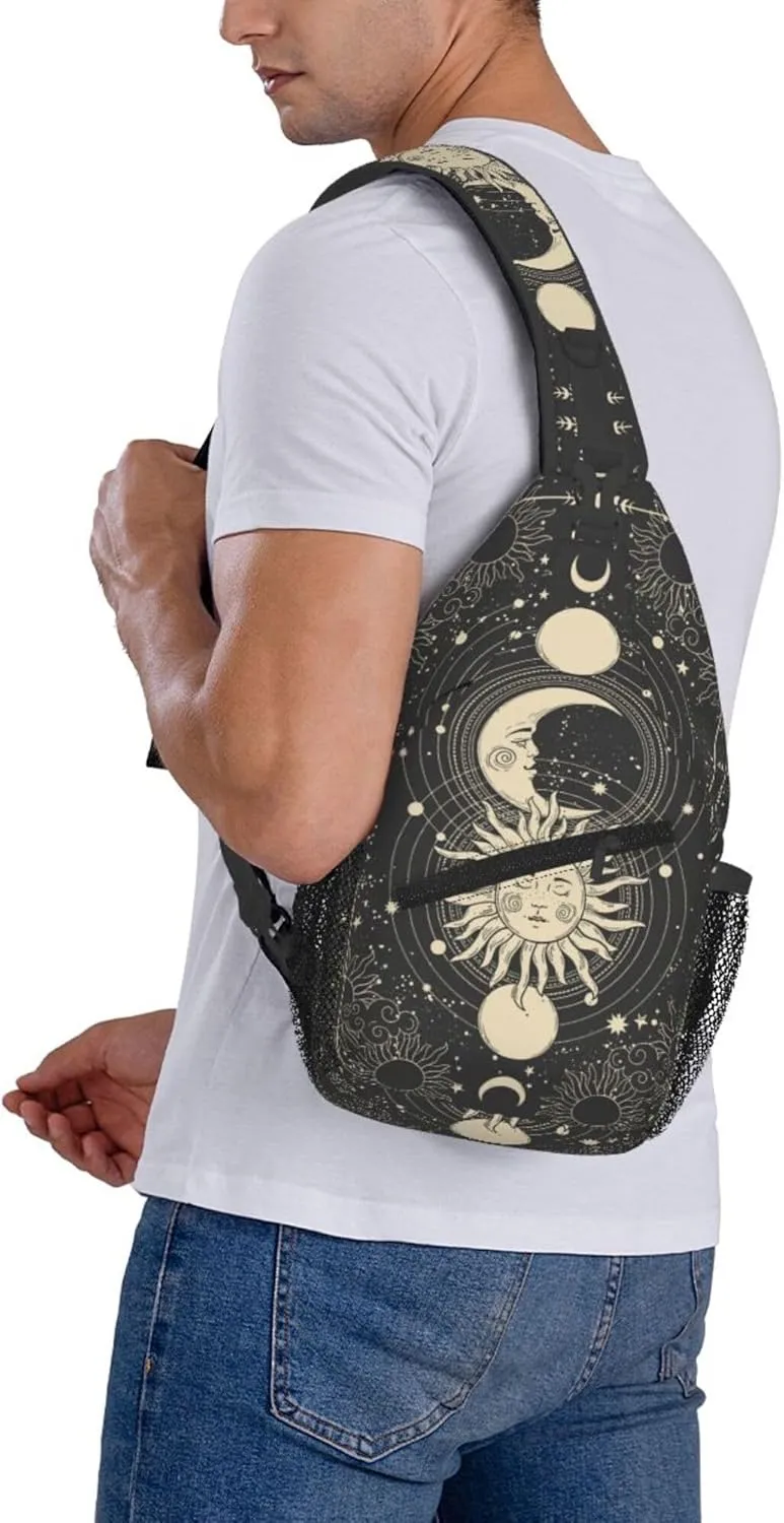 Vintage Sun Moon Stars Small Crossbody Backpack Sling Bag for Men Women Mini One Shoulder Chest Bags Gym Sport Travel Hiking Daypack