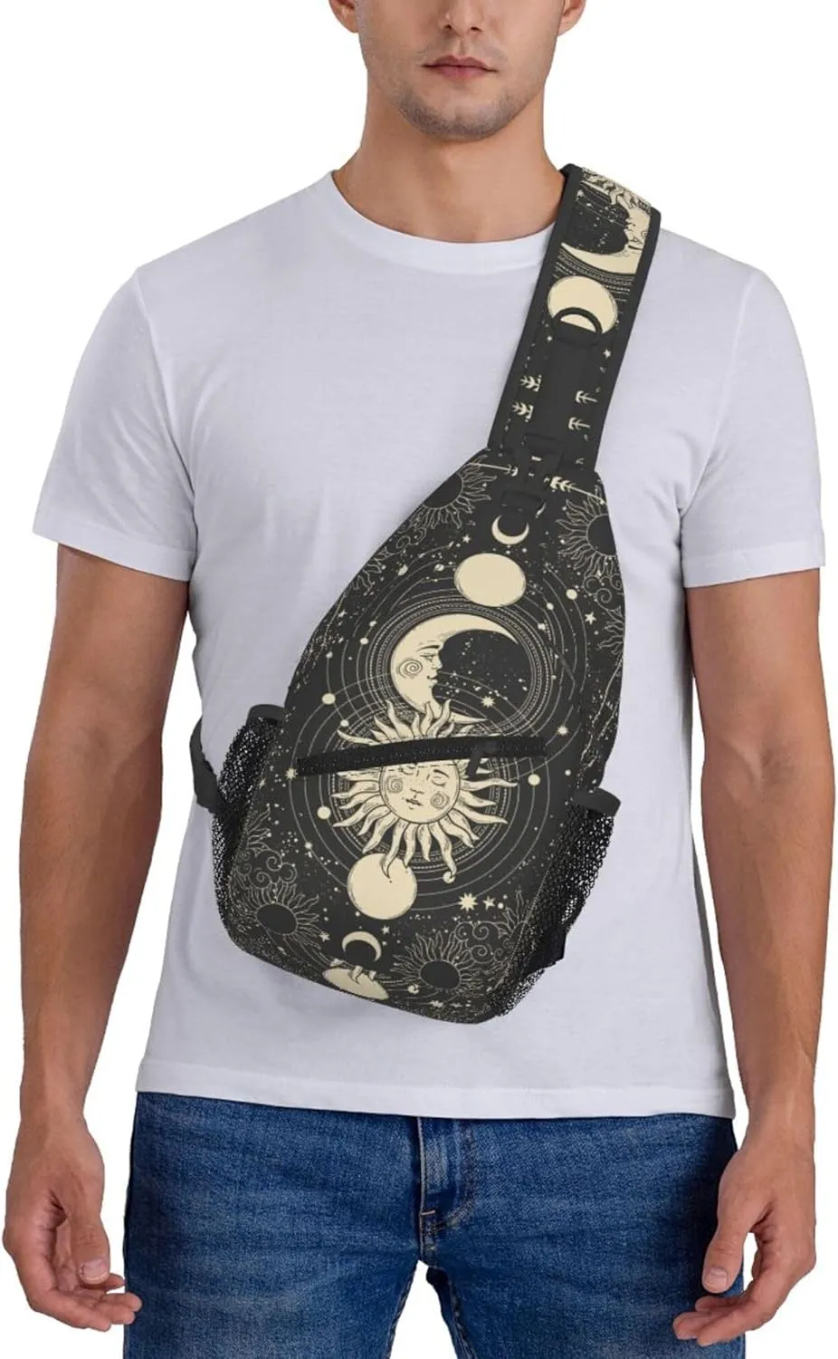 Vintage Sun Moon Stars Small Crossbody Backpack Sling Bag for Men Women Mini One Shoulder Chest Bags Gym Sport Travel Hiking Daypack