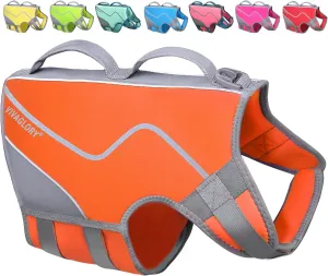 VIVAGLORY Neoprene Dog Life Jacket Dog Swim Vest for Boating Hunting & Swimming, Lightweight with Leash Ring, L, Orange