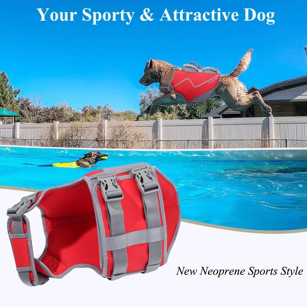 VIVAGLORY Neoprene Dog Life Jacket Doggy Life Jacket for Boating Hunting & Swimming, Lightweight with Leash Ring, L, Red