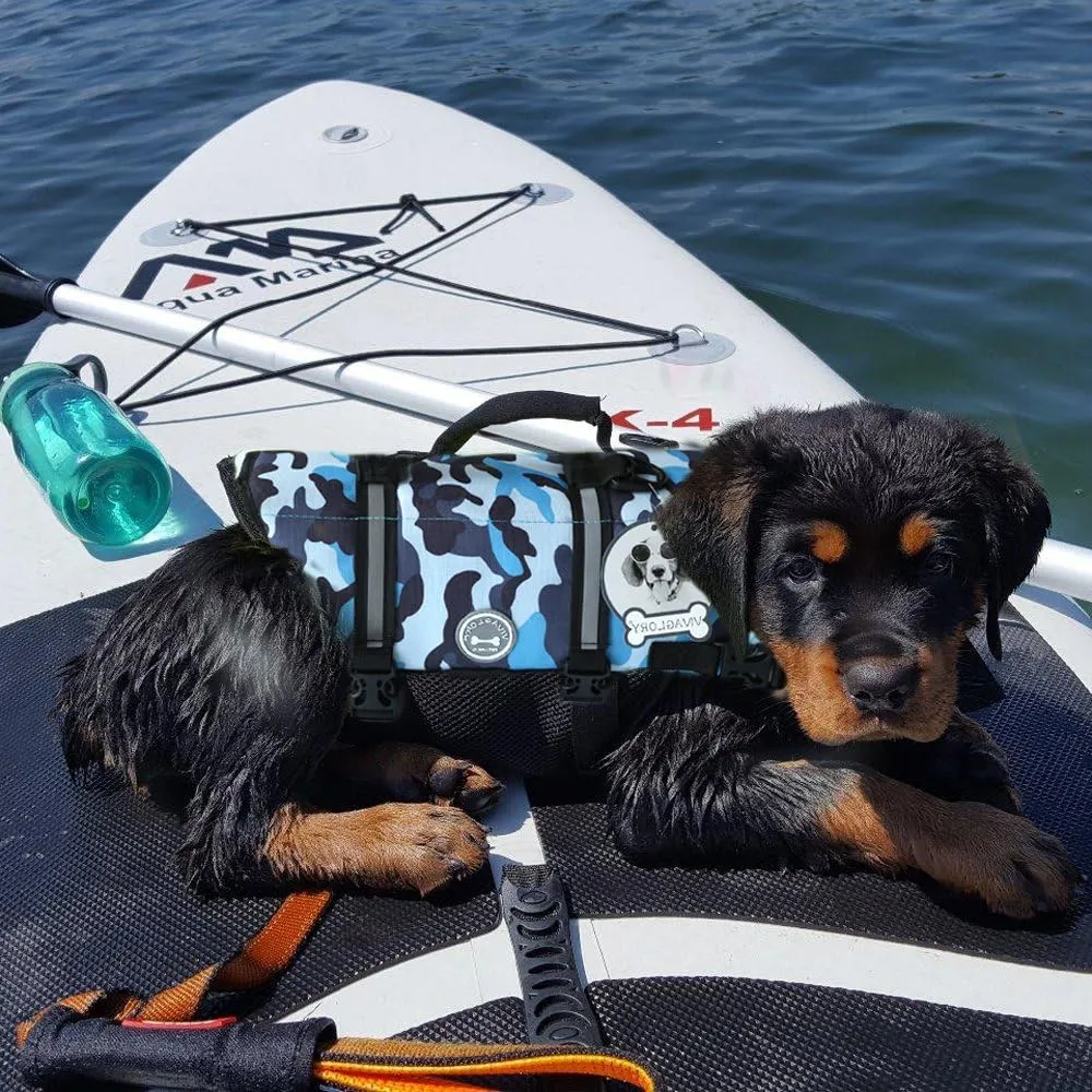 VIVAGLORY Ripstop Dog Life Jacket for Small Medium Large Dogs Boating, Dog Swimming Vest with Enhanced Buoyancy & Visibility, Camo Blue