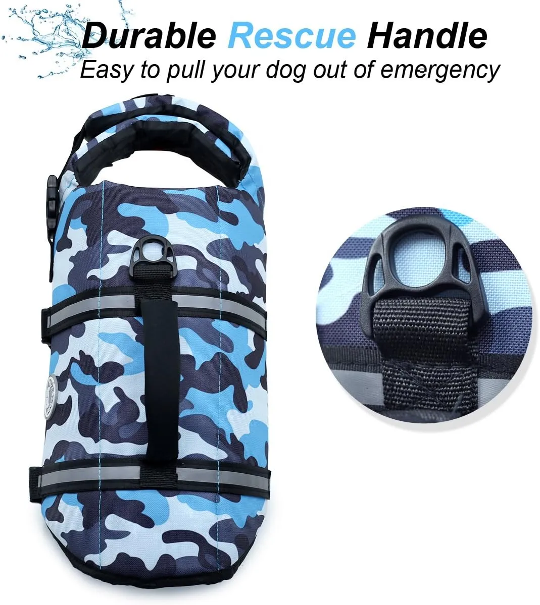 VIVAGLORY Ripstop Dog Life Jacket for Small Medium Large Dogs Boating, Dog Swimming Vest with Enhanced Buoyancy & Visibility, Camo Blue