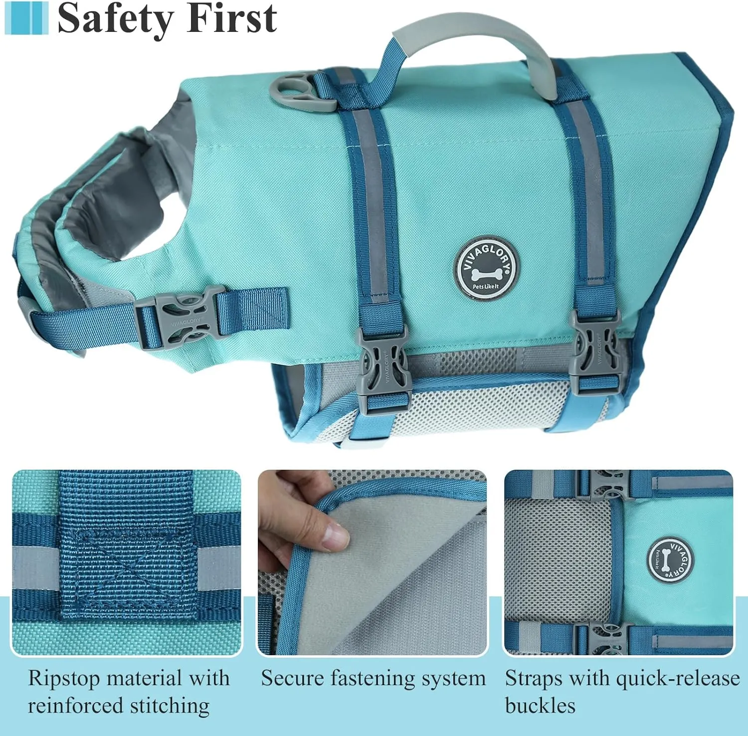 VIVAGLORY Ripstop Dog Life Jacket for Small Medium Large Dogs Boating, Dog Swimming Vest with Enhanced Buoyancy & Visibility, Cyan
