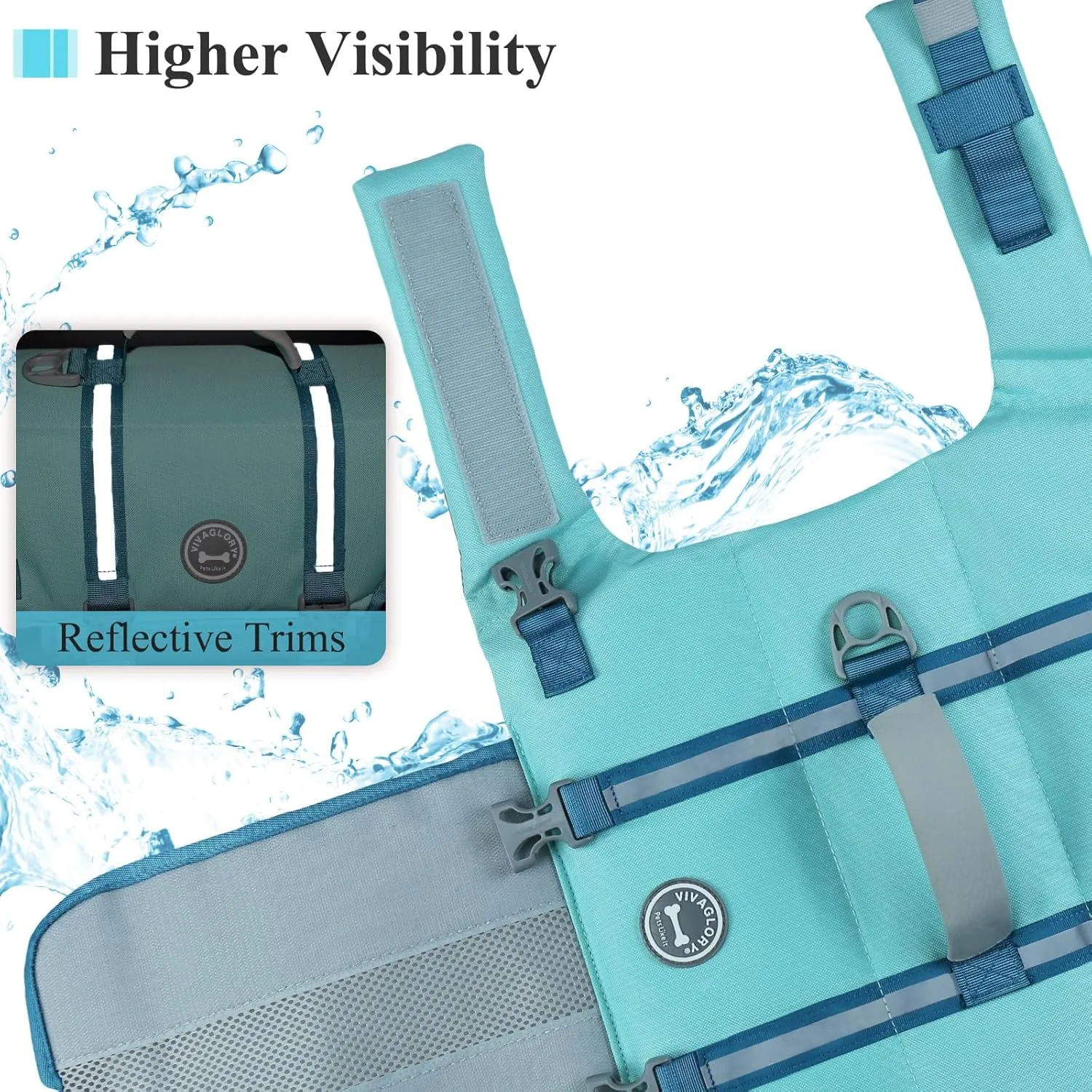 VIVAGLORY Ripstop Dog Life Jacket for Small Medium Large Dogs Boating, Dog Swimming Vest with Enhanced Buoyancy & Visibility, Cyan