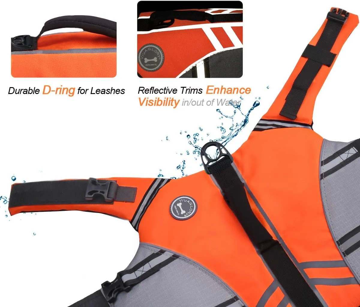 VIVAGLORY Sports Style Dog Life Jacket with Adjustable & Durable, Extra Flotation Swim Life Vest with Secure Fastening System for Medium Dogs, Bright Orange