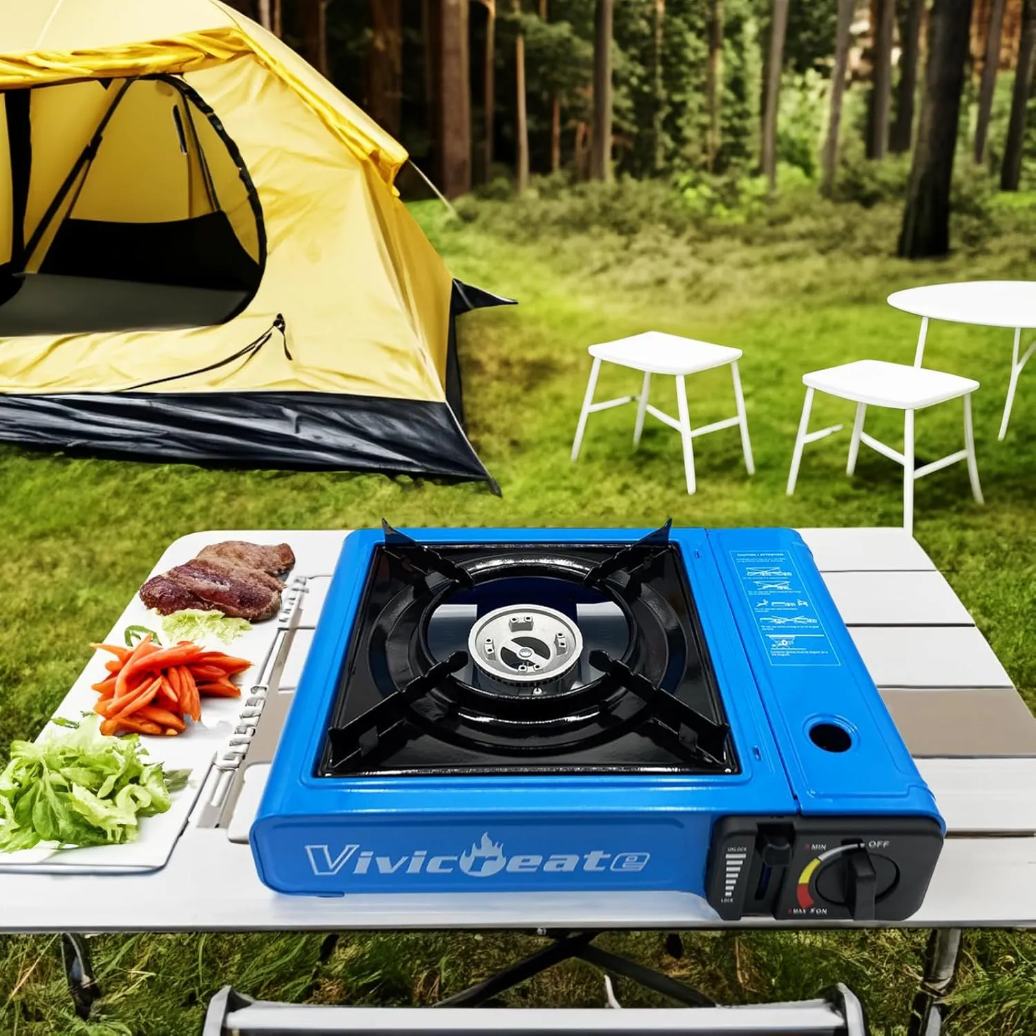 Vivicreate 7000 BTU Portable Butane Gas Stove for Camping Cooking Outdoor, Lightweight Portable Stove Burner with Auto Ignition, Estufa de Gas Portátil para Camping al Aire Libre（Blue）