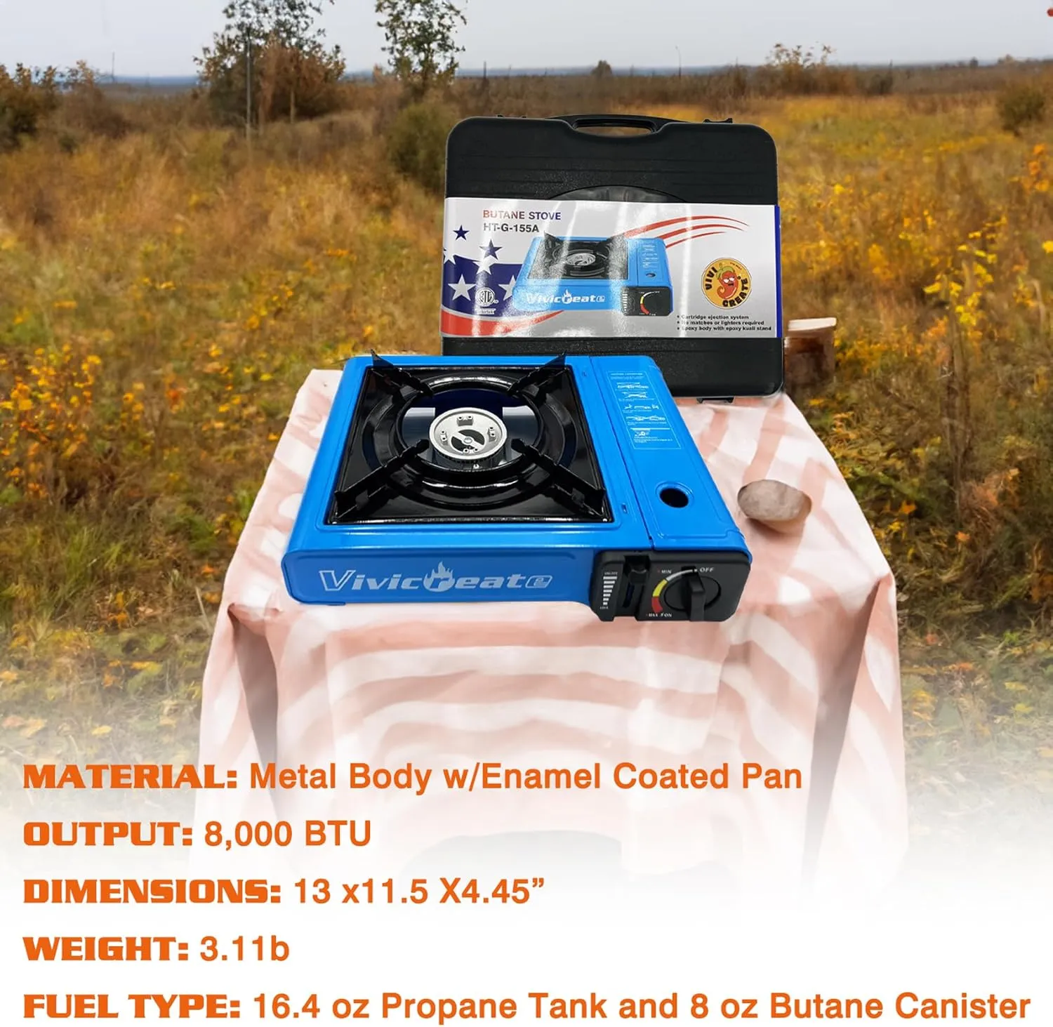 Vivicreate 7000 BTU Portable Butane Gas Stove for Camping Cooking Outdoor, Lightweight Portable Stove Burner with Auto Ignition, Estufa de Gas Portátil para Camping al Aire Libre（Blue）