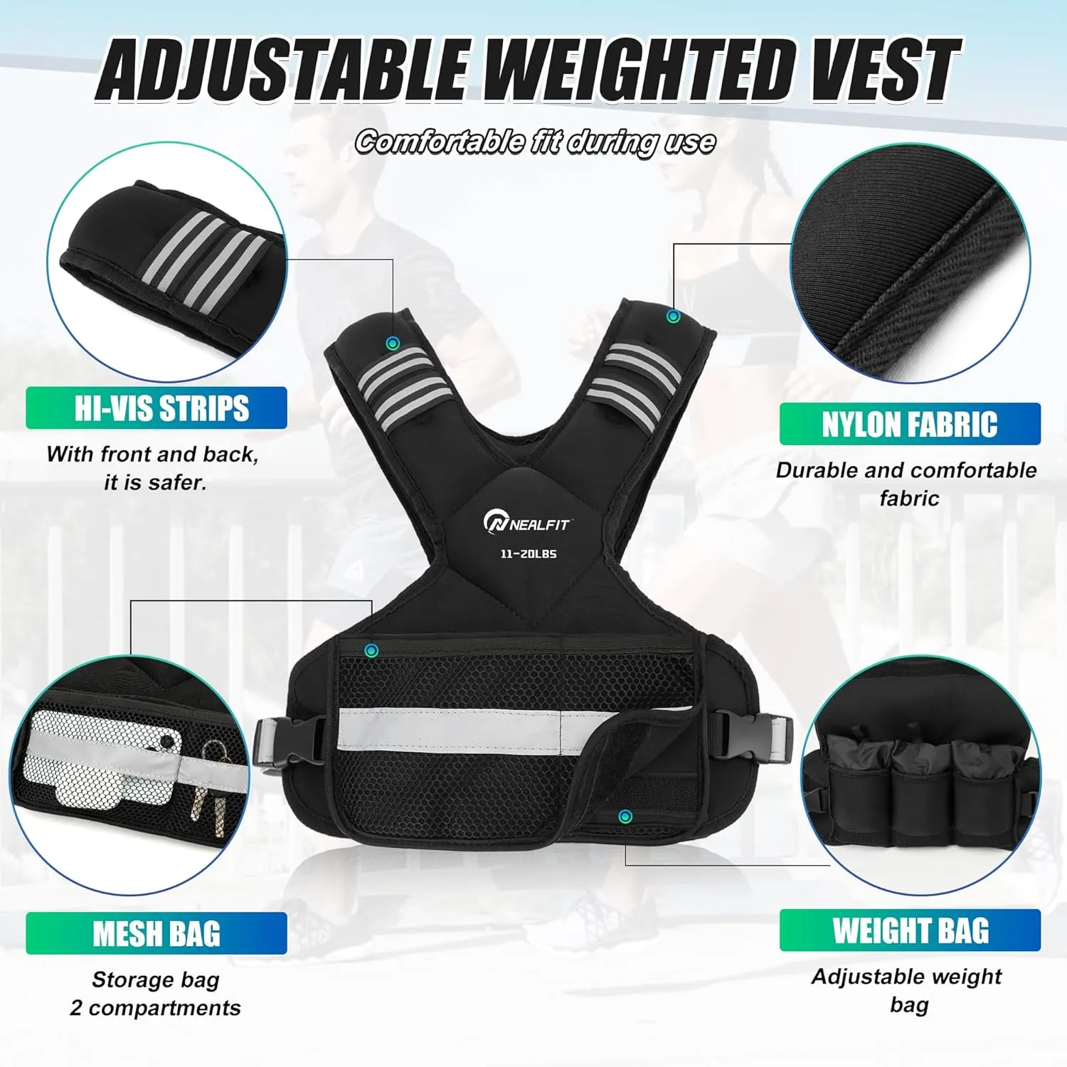 Weighted Vest for Women and Men, 5-10lb/11-20lb/20-32lb Adjustable Weighted Vest with Reflective Strip, Body Weight Vest for Walking, Running, Fitness, Strength Training