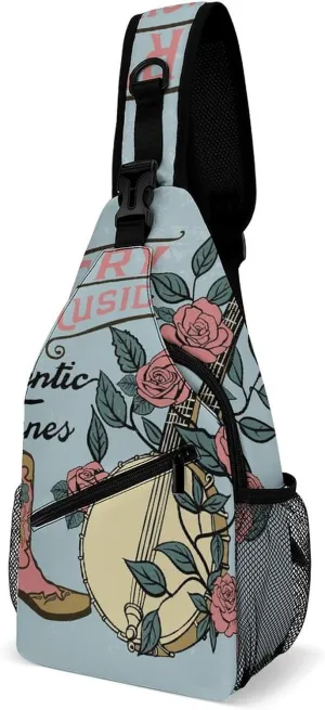 Western Country Music Crossbody Sling Backpack Rose Boots Sling Bag Adjustable Travel Hiking Chest Bags Daypack