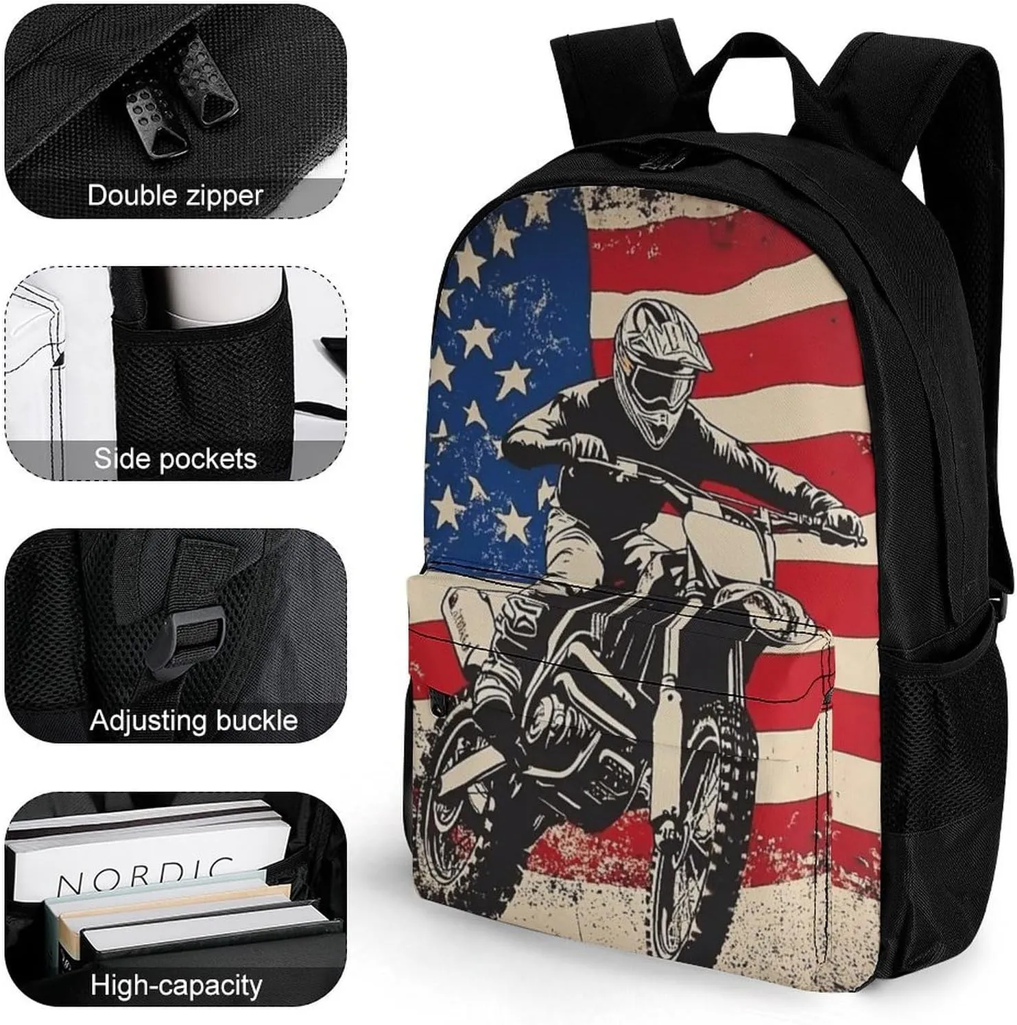 Women Men Polyester Dirt Bike Motocross American Flag Casual Daypack Large Capacity Bookbag With Side Pockets for Sports Picnic Walking Cycling