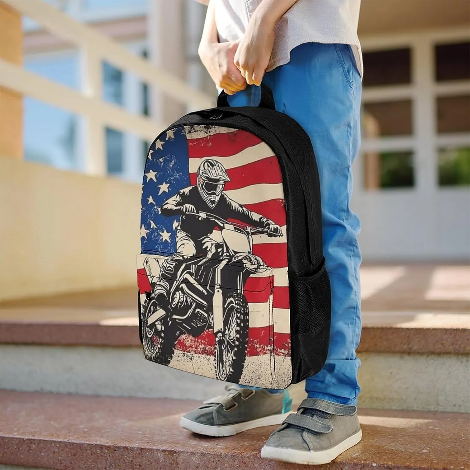 Women Men Polyester Dirt Bike Motocross American Flag Casual Daypack Large Capacity Bookbag With Side Pockets for Sports Picnic Walking Cycling