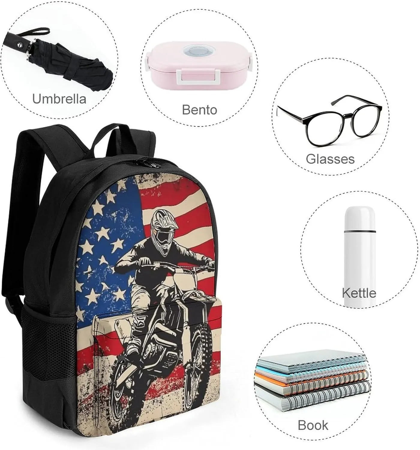 Women Men Polyester Dirt Bike Motocross American Flag Casual Daypack Large Capacity Bookbag With Side Pockets for Sports Picnic Walking Cycling