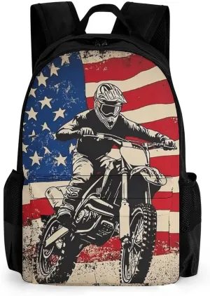 Women Men Polyester Dirt Bike Motocross American Flag Casual Daypack Large Capacity Bookbag With Side Pockets for Sports Picnic Walking Cycling