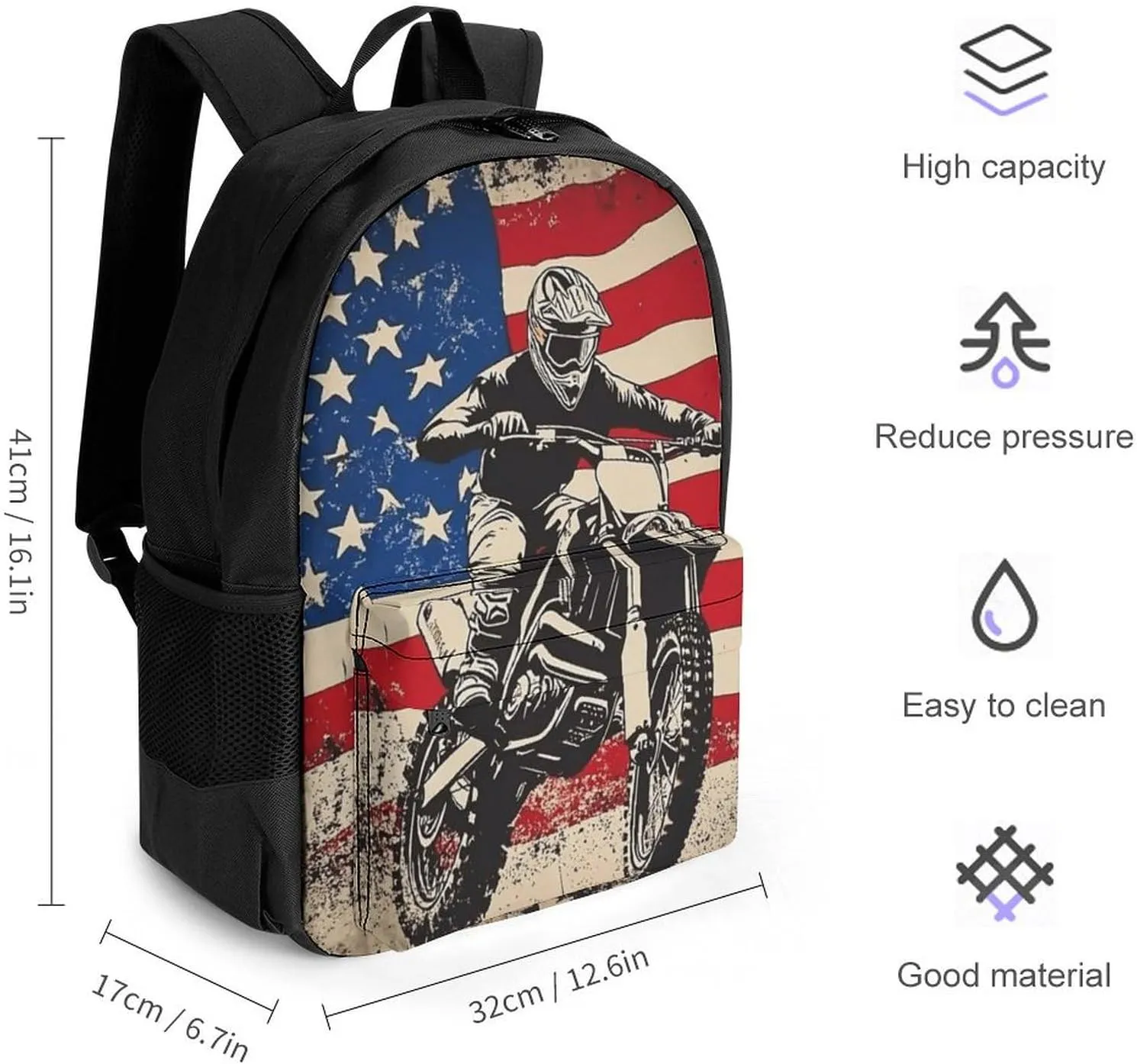 Women Men Polyester Dirt Bike Motocross American Flag Casual Daypack Large Capacity Bookbag With Side Pockets for Sports Picnic Walking Cycling