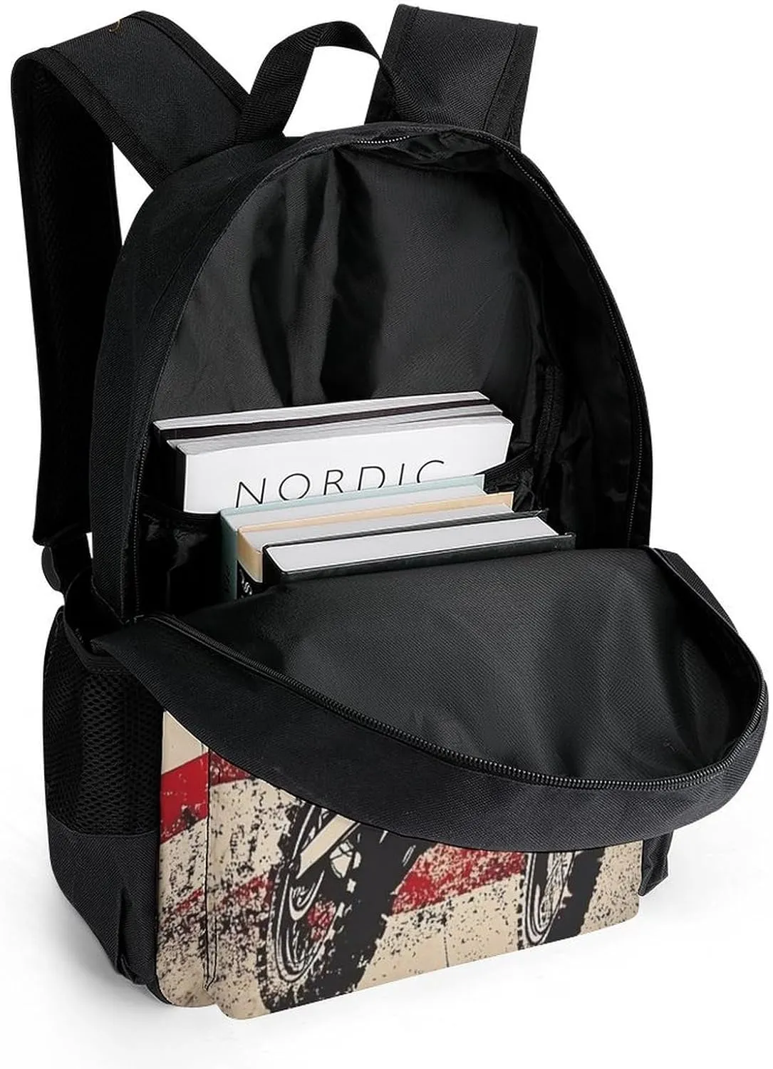 Women Men Polyester Dirt Bike Motocross American Flag Casual Daypack Large Capacity Bookbag With Side Pockets for Sports Picnic Walking Cycling