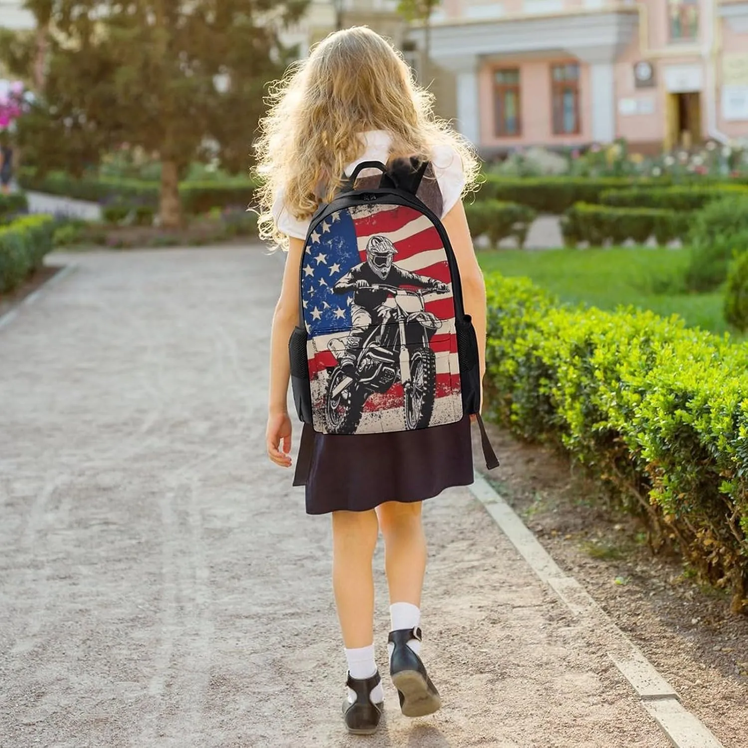 Women Men Polyester Dirt Bike Motocross American Flag Casual Daypack Large Capacity Bookbag With Side Pockets for Sports Picnic Walking Cycling