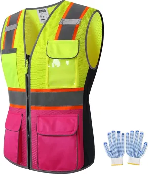 Women Safety Vest, Multi Pockets High Visibility Reflective Breathable Mesh Work Vest For Lady, Durable Zipper