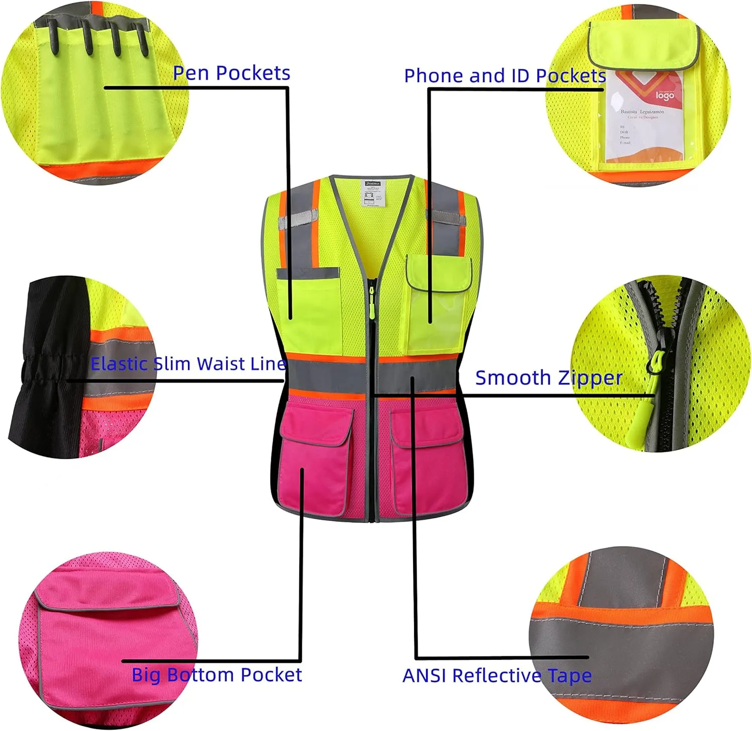 Women Safety Vest, Multi Pockets High Visibility Reflective Breathable Mesh Work Vest For Lady, Durable Zipper