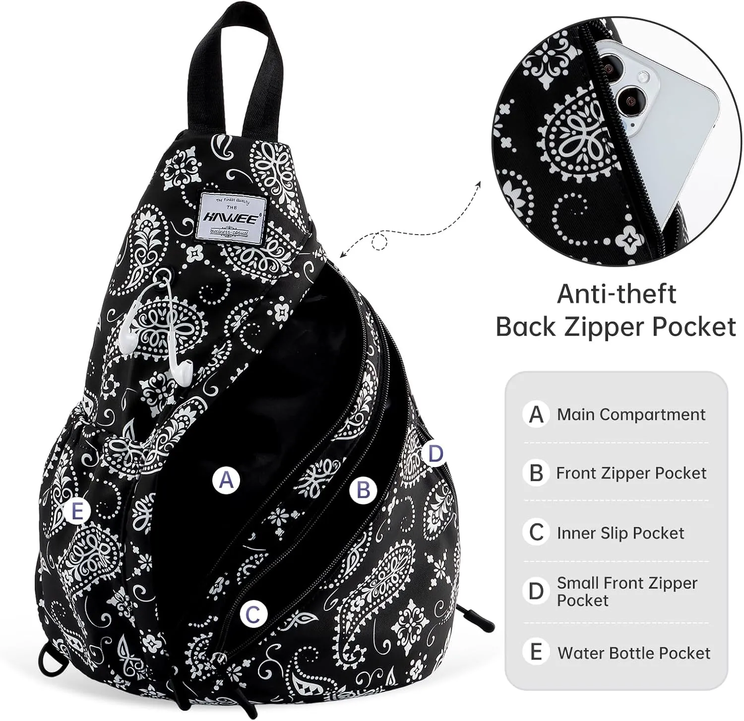 Women's Rope Sling Bag - Convertible Chest Bag & Casual Daypack, Water-Resistant Crossbody Backpack for Travel, Cycling, Hiking, Paisley