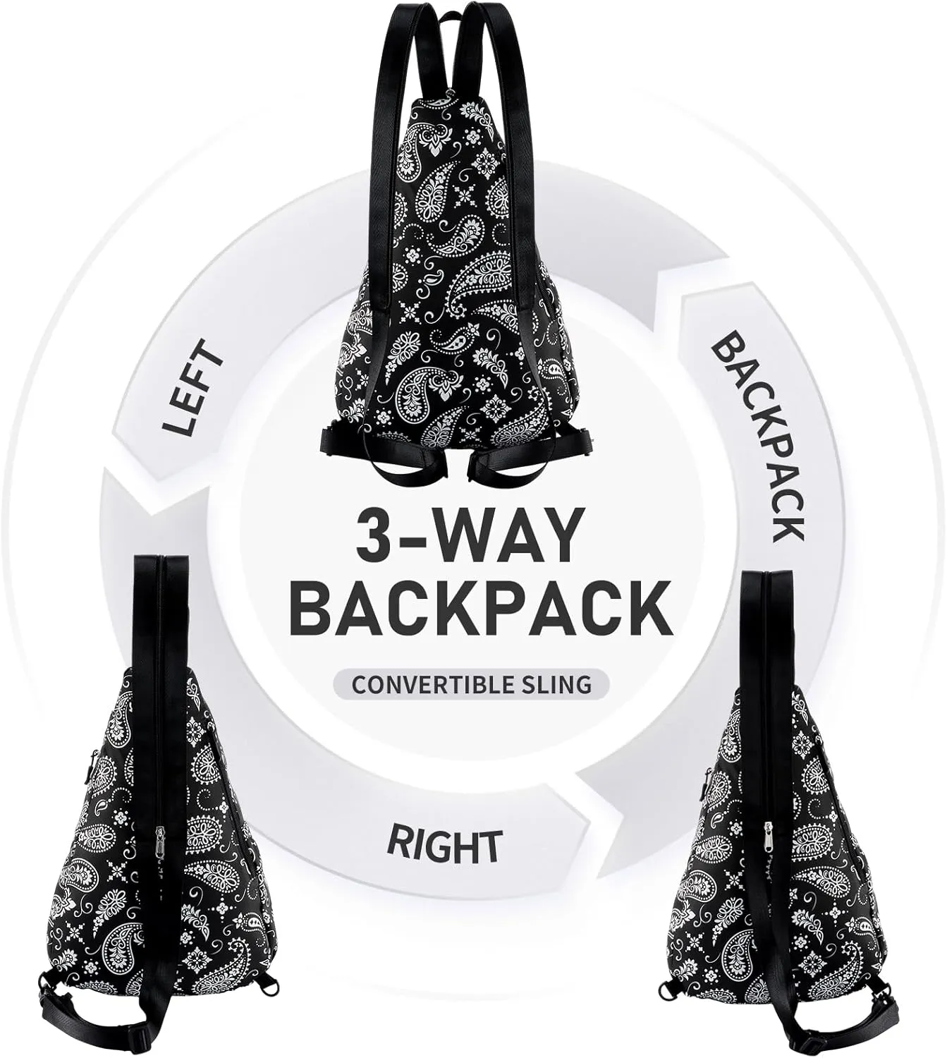 Women's Rope Sling Bag - Convertible Chest Bag & Casual Daypack, Water-Resistant Crossbody Backpack for Travel, Cycling, Hiking, Paisley