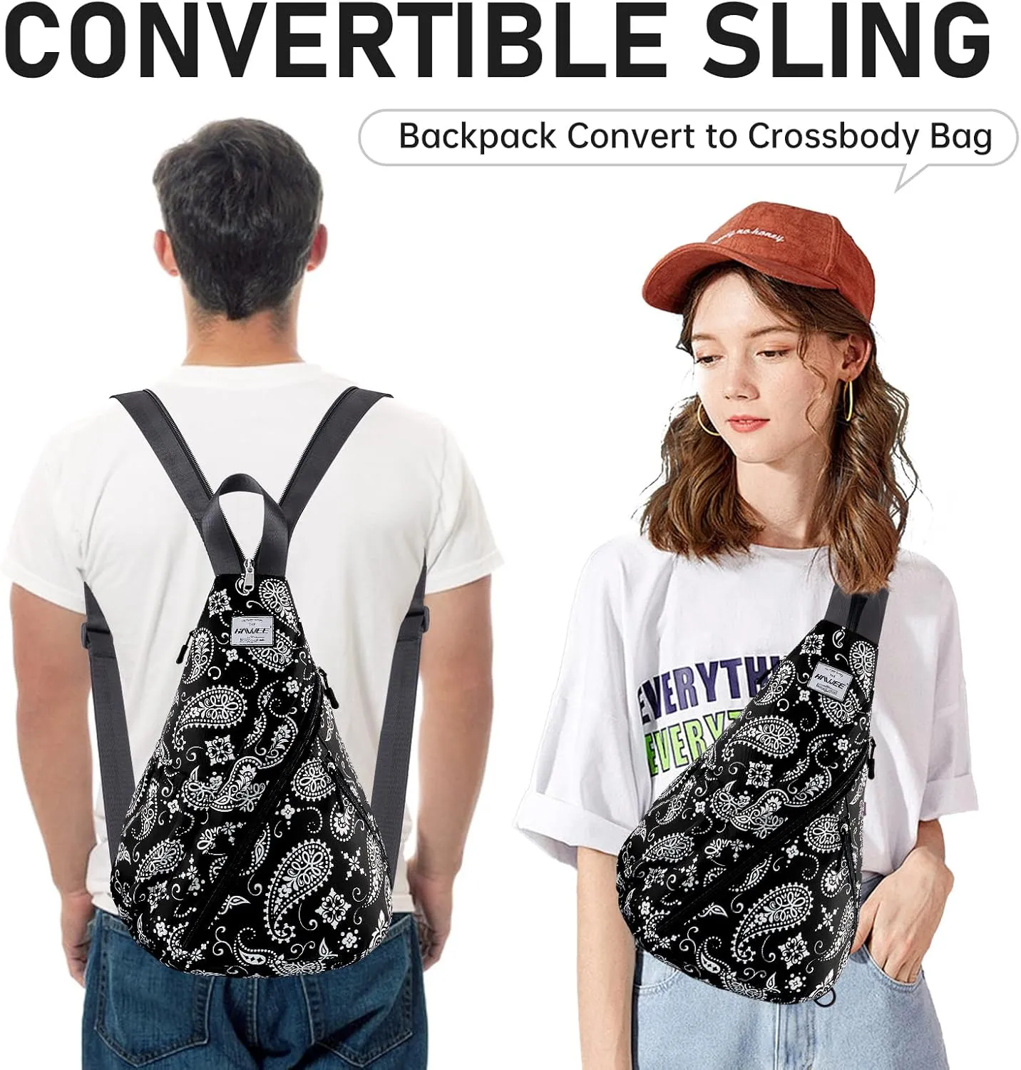 Women's Rope Sling Bag - Convertible Chest Bag & Casual Daypack, Water-Resistant Crossbody Backpack for Travel, Cycling, Hiking, Paisley