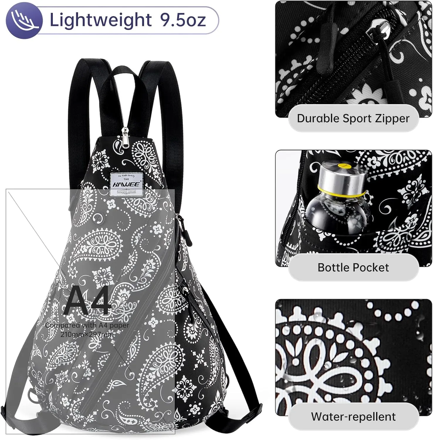 Women's Rope Sling Bag - Convertible Chest Bag & Casual Daypack, Water-Resistant Crossbody Backpack for Travel, Cycling, Hiking, Paisley