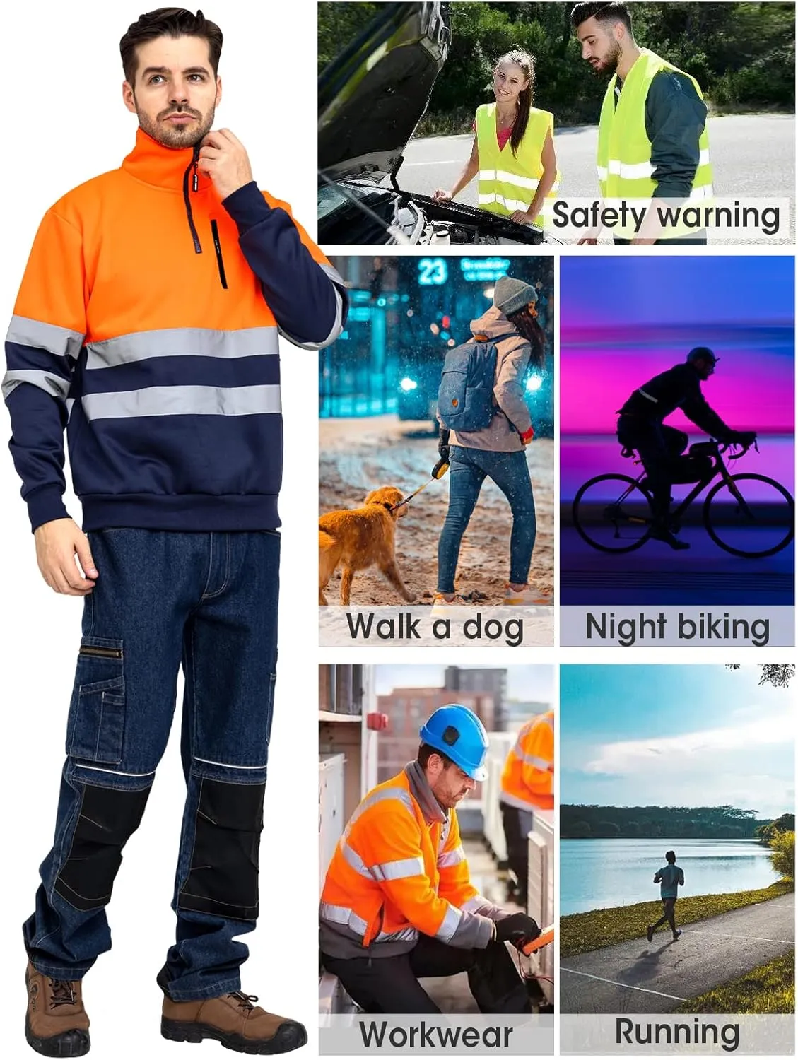 WORK IDEA High Visibility Safety Reflective Sweatshirt for Men ASIN Class 2 Hi Vis 1/4 Zipper Workwear