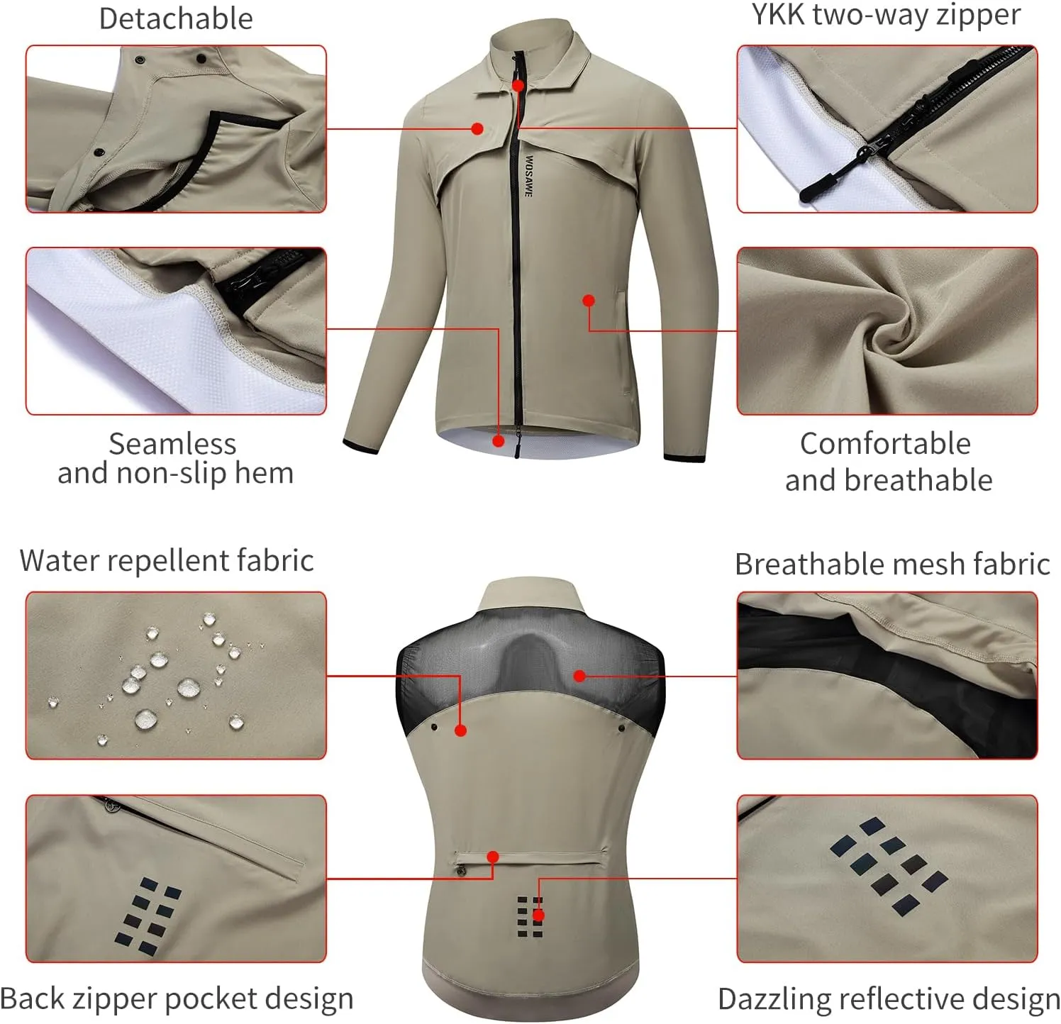 WOSAWE 2 in 1 Cycling Jacket Men Convertible Biking Vest Lightweight Reflective Windbreaker
