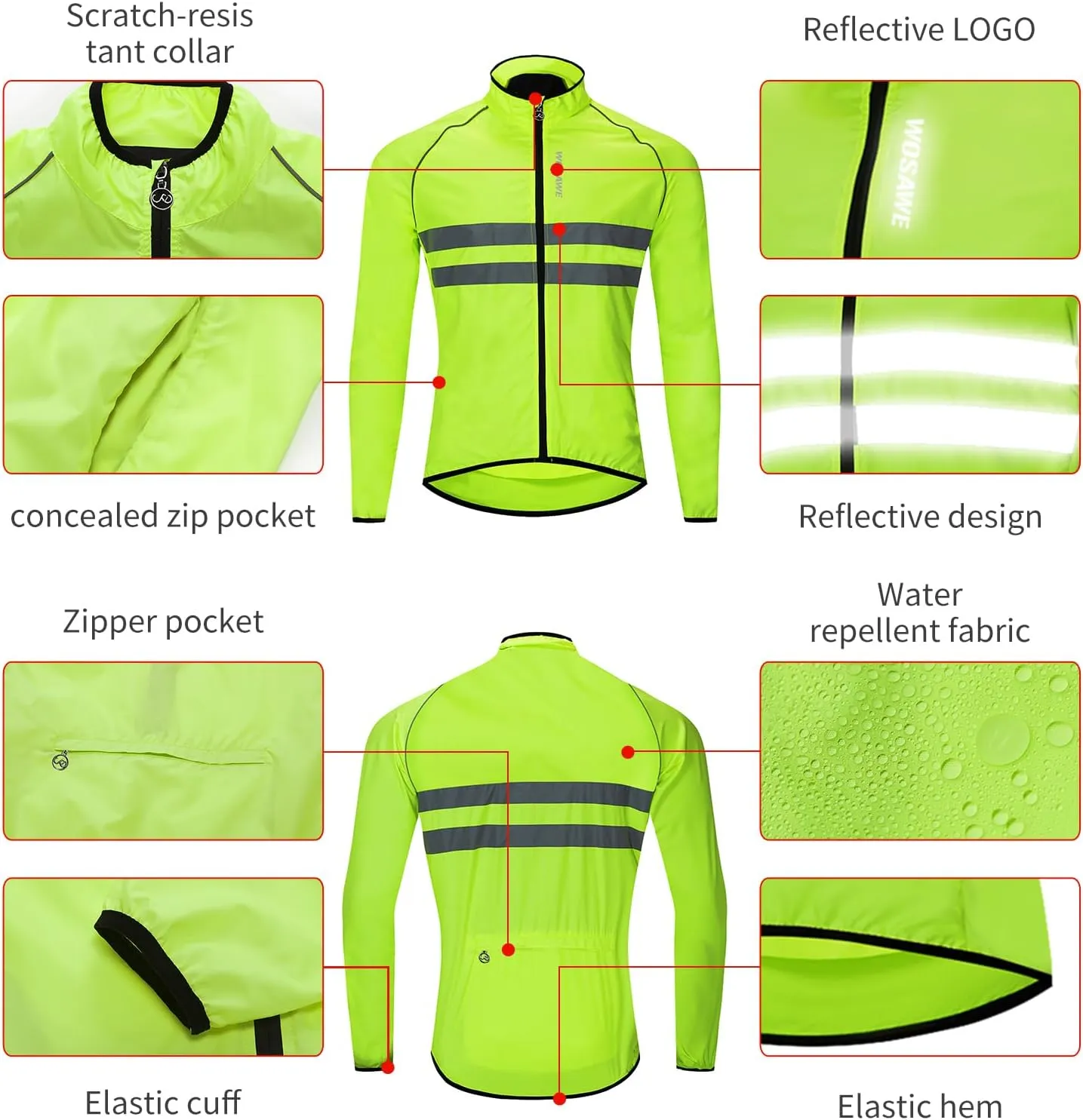 WOSAWE Men's High Visibility Cycling Wind Jacket Water Resistance Reflective Windbreaker
