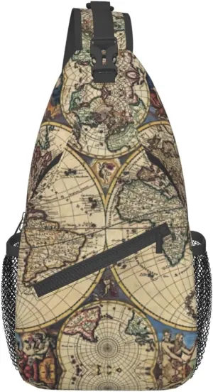 WURTON Ancient Map World Globe Print Crossbody Sling Backpack Sling Bag Travel Hiking Chest Bag Daypack