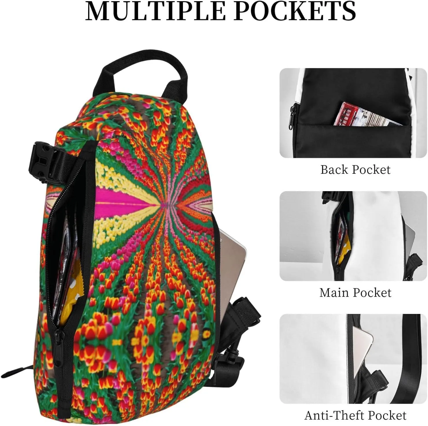 WURTON Colorful Tulips Print Crossbody Backpack Cross Pack Lightweight Sling Bag Travel, Hiking
